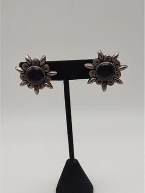 Vintage Taxco Sterling Sunburst Earrings Black Onyx